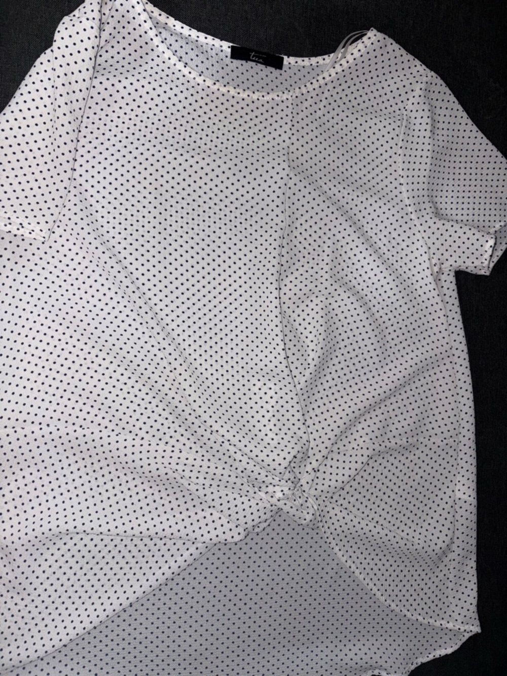 Tua White Blouse with Navy Polka Dots and Front Knot